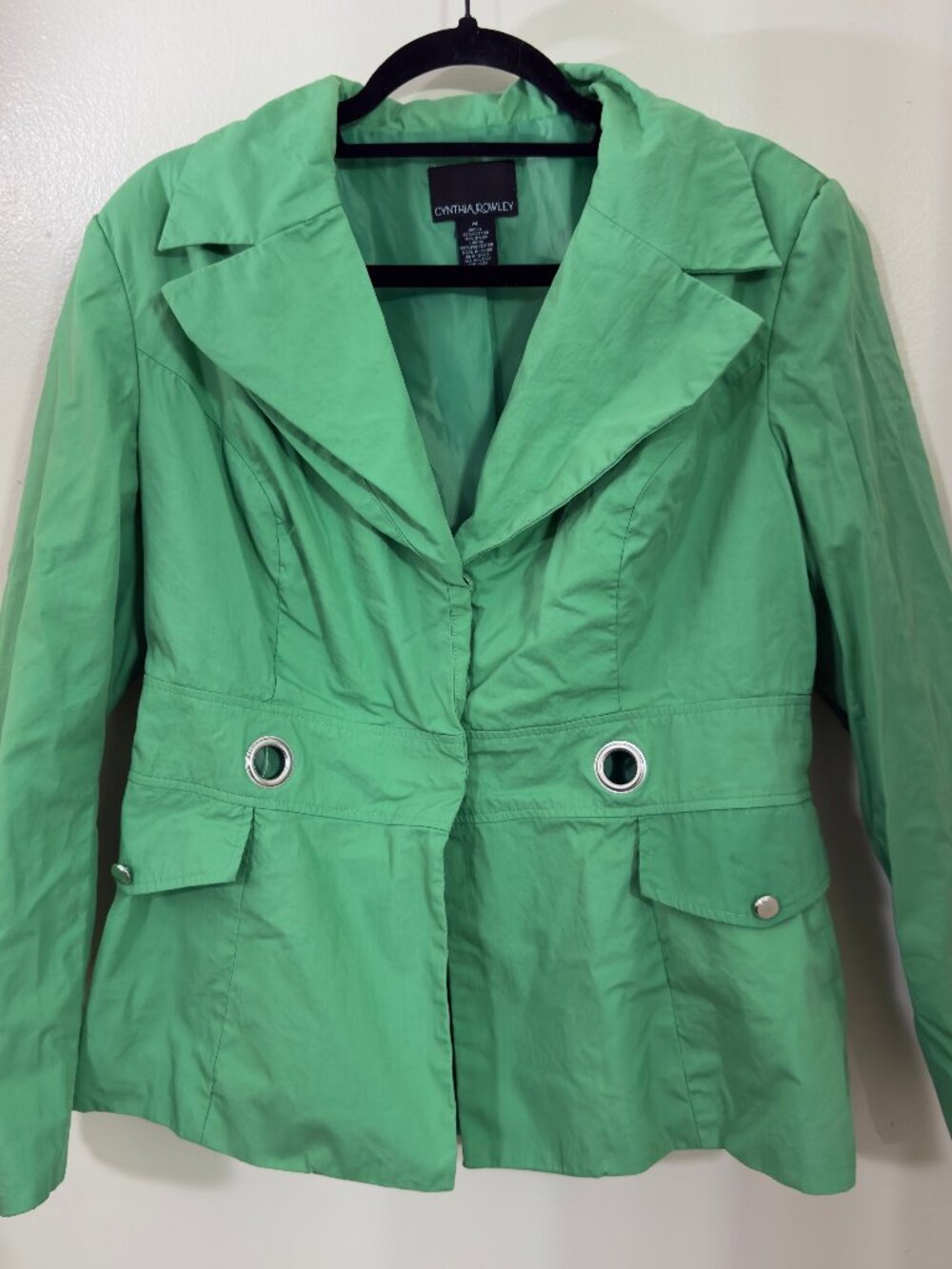 Cynthia Rowley Jacket Women Medium Bright Green 3 Snap Up Cotton Blend Lined
